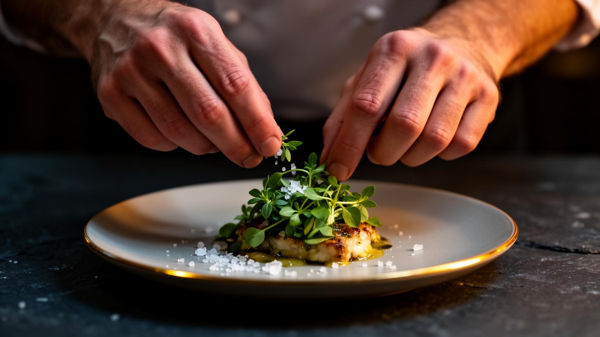 Chef's hands finishing a plated dish with fresh herbs and finishing salt