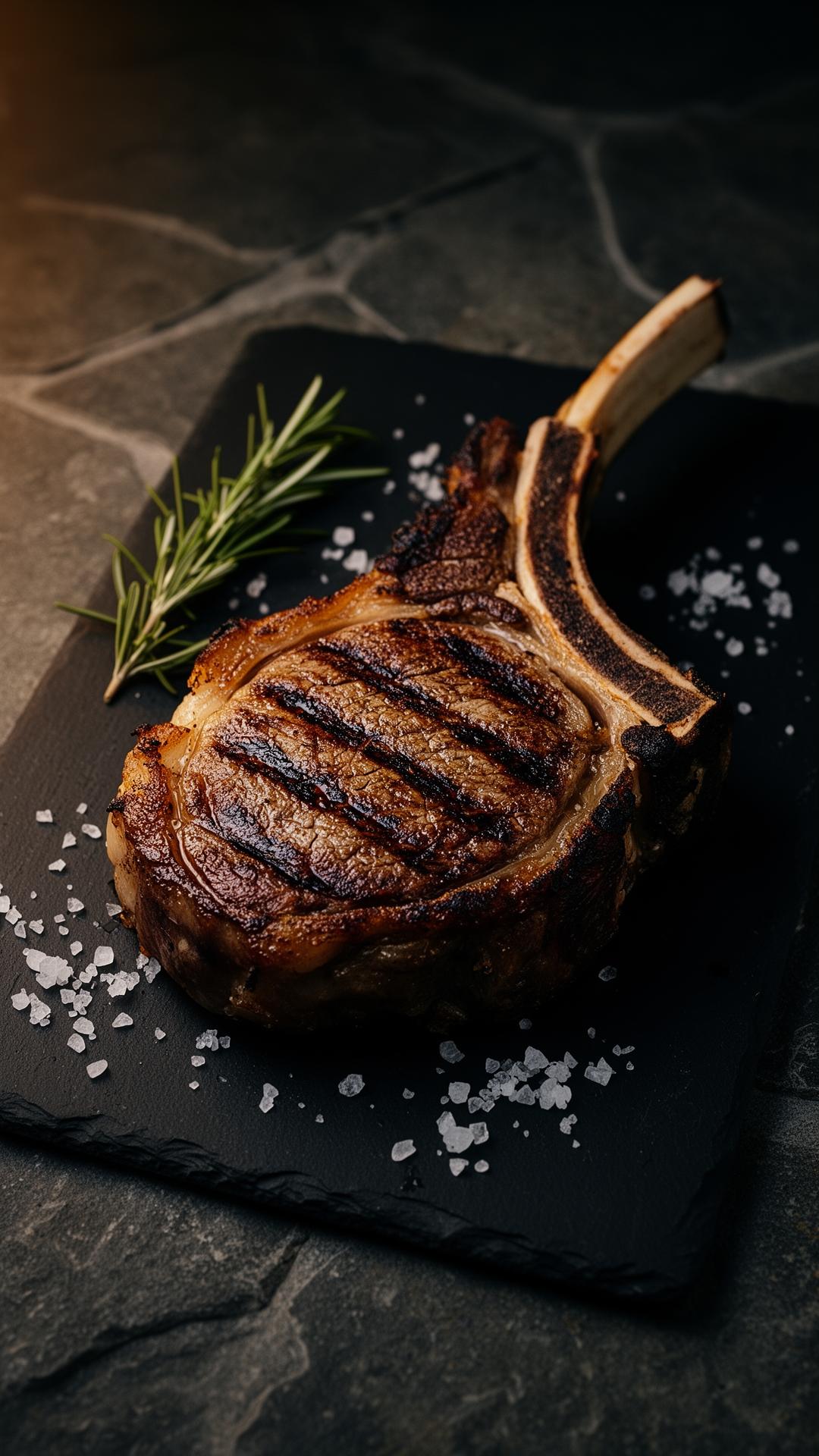 Bone-in tomahawk ribeye seared and resting on dark slate with sea salt and rosemary